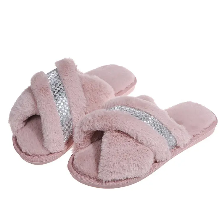 

New Style Warm Fluffy Slippers Women Faux Fur Cross Indoor Floor Slides Flat Soft Cosy Shoes Ladies Female Non-Slip House Shoes
