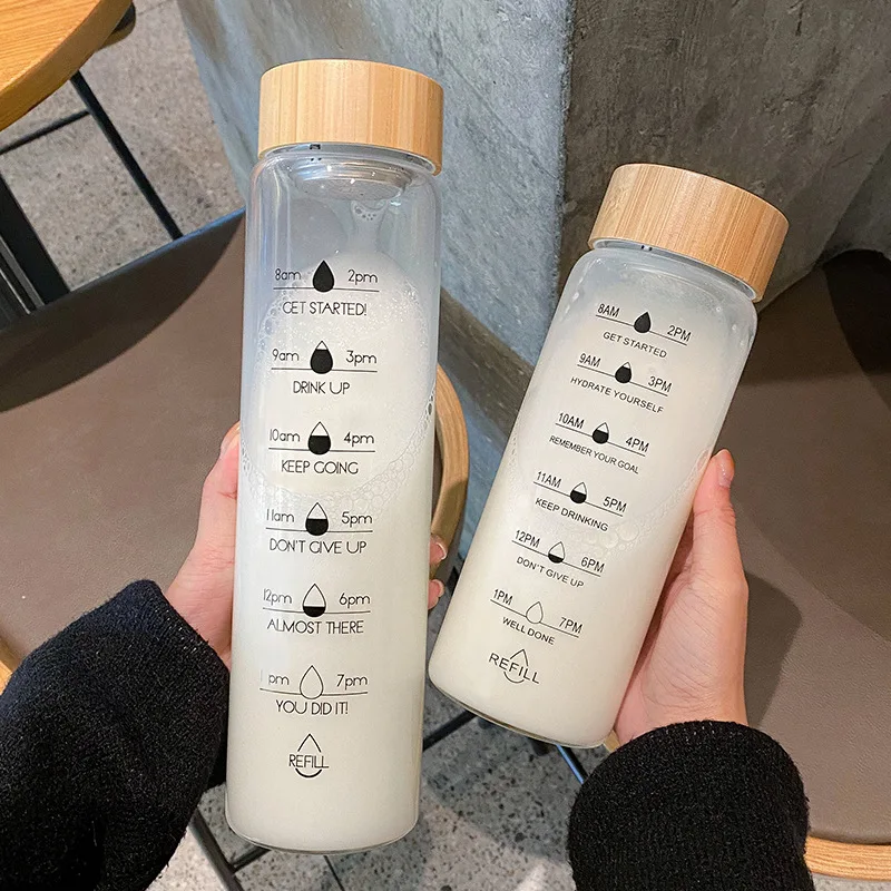 

Double Wall Glass Water Bottle Time Scale Cup with Tea Infuser Office Cup Stainless Steel Filters Bamboo Lid Drinkware