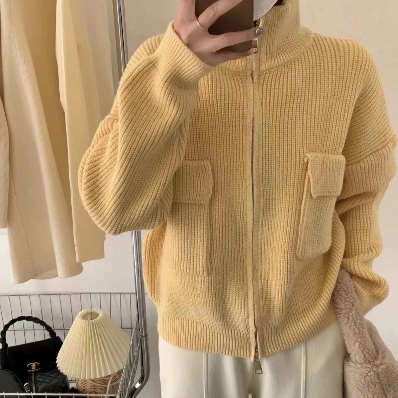 

Big Pocket Zip Up Knitted Cardigan Spring Autumn Winter New Long Sleeve Girls Kawaii Cute Warm Sweater Female Cheap Wholesale