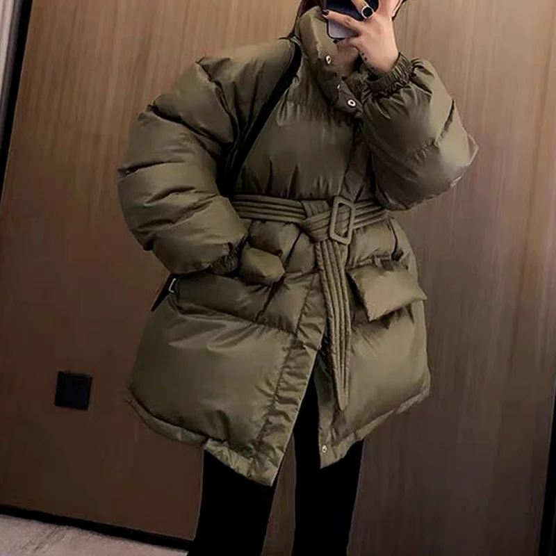 Winter Coat Ladies Parker Coat Shiny Surface Warmth Thick Thick Cotton Casual Loose Women's Jacket Ladies Belted Jacket 2022 New