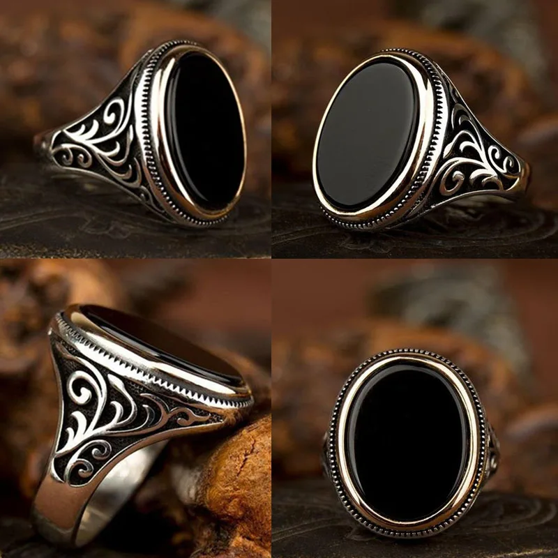 

Punkboy Retro Style Men's Ring Craved Pattern Black Egg-shaped Crystal Silver Color Ring for Male Party Jewelry Size 6-13