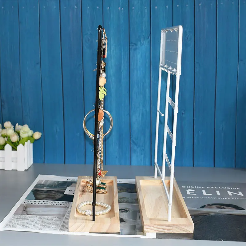 Iron Earring Display Stand Rack Solid Wood Base Jewelry Organizer Rack Necklace Ornament Long Chain Jewelry Display Rack Storage