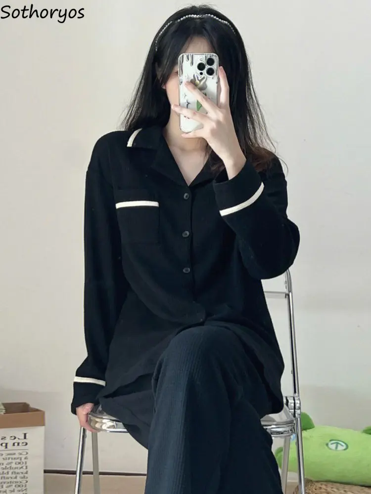

2 Pieces Loose Basic Pajama Sets Women New Spring Simple Vintage Pockets Students All-match Breathable Chic Homewear Ins Fashion