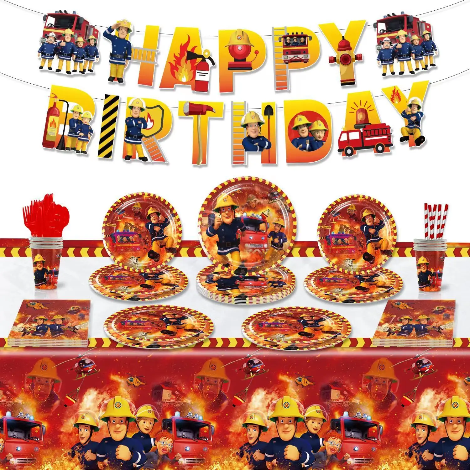 

Fireman Sam Birthday Party Disposable Tableware Cup Plate Tablecloth Supplies Children's Birthdays Balloon Banner Decorations