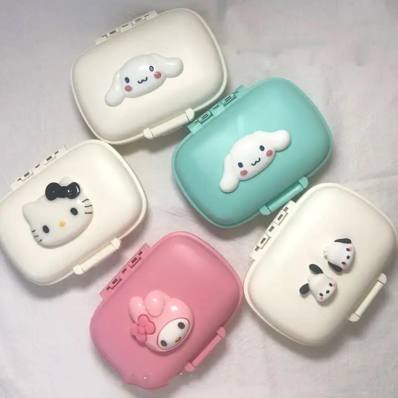 

Kawaii Sanrios Hello Kitty Mini Pill Box Anime Kuromi Melody Cinnamoroll Portable Pill Holder Compartment Storage Case Girl Gift