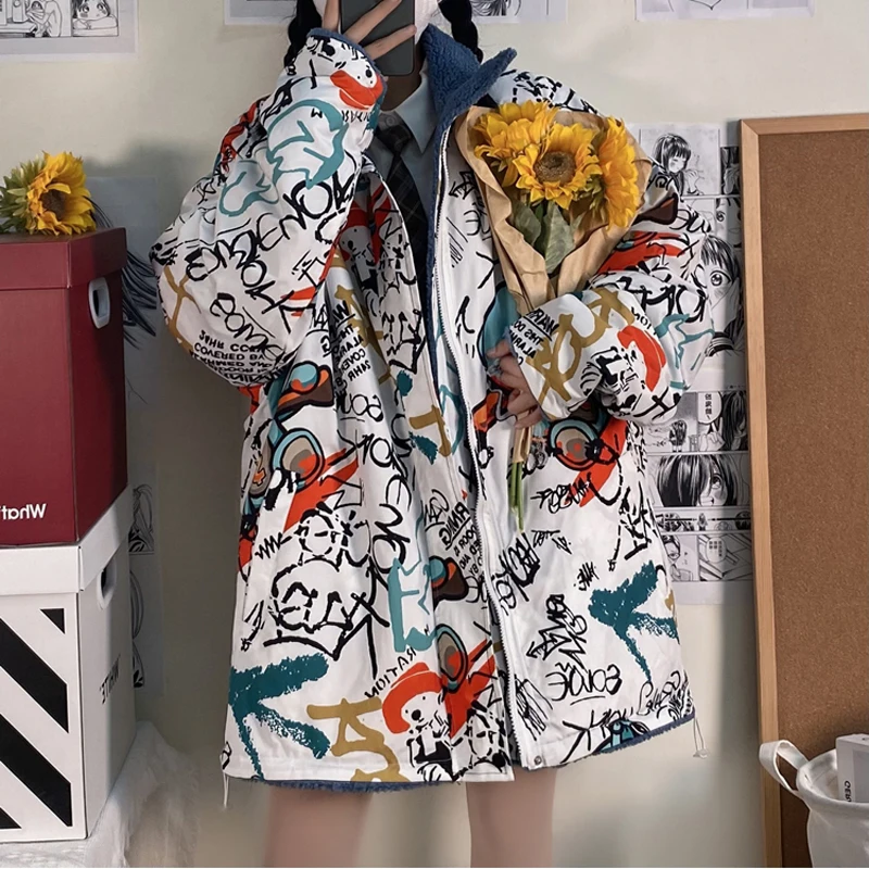 Anime Print Reversible Fleece Jacket for Couples Winter Korean Fashion Trends Clothing Teenage Plus Size Padded Coats Streetwear