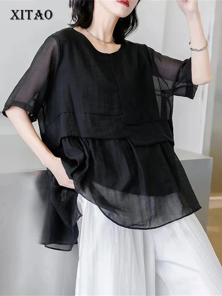 

XITAO шифоновая блузка модная женская однотонная богиня веер Повседневный пуловер 2023 Летняя лоскутная элегантная рубашка Топ WLD11220