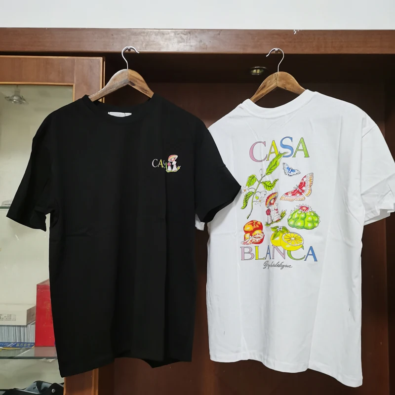 

Real Photos CASABLANCA T-shirts Colorful Mushroom Butterfly Cactus Letter Print Short Sleeve Casa Tshirt for Men Women