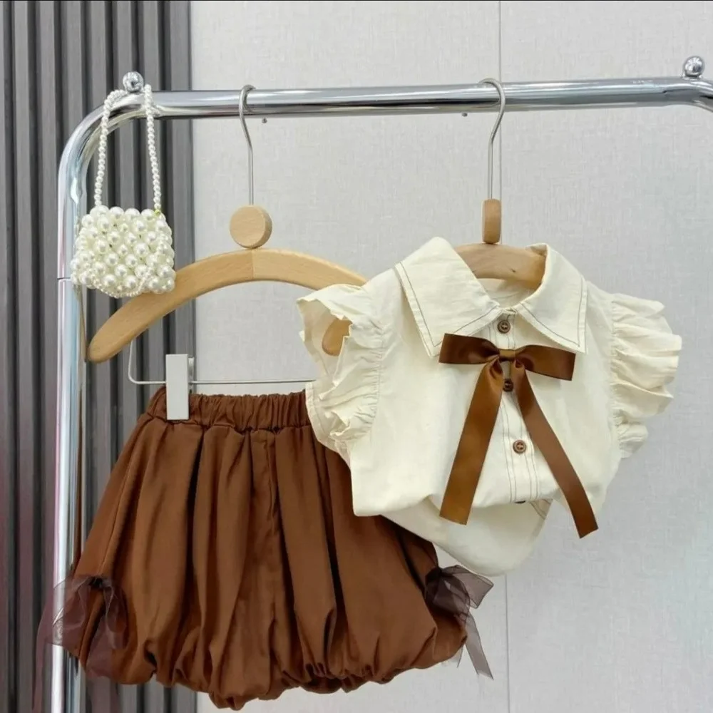 

Girls Fashion Clothes Set Short Sleeve Bow Shirts Tops and Bud Shorts 2 PCS Suits Korean Toddler Kids Clothes Girls Outfits