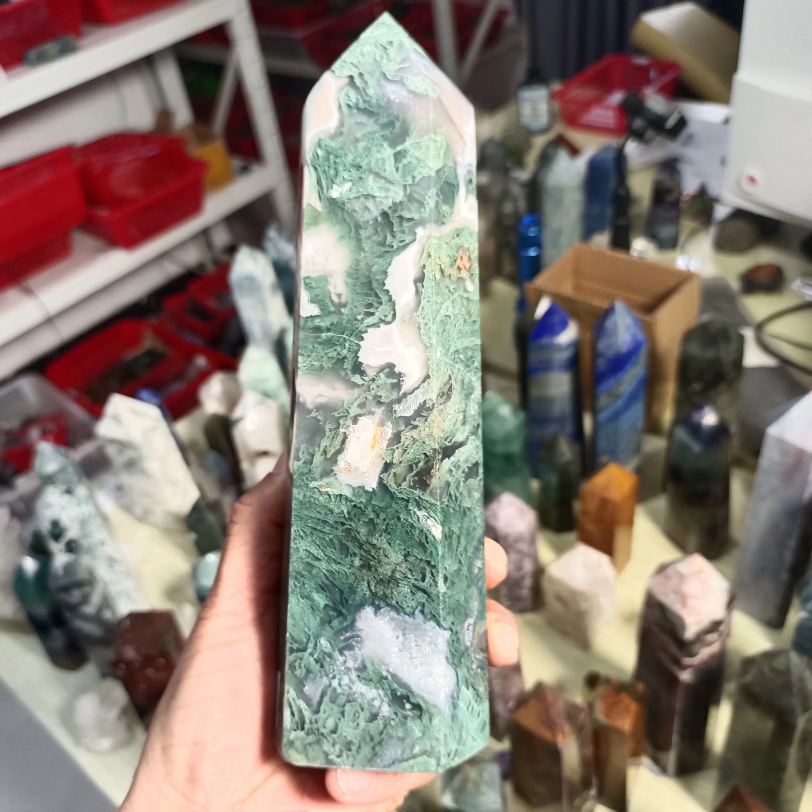 

Natural Moss Agate Crystal Tower Column Wand Stick Quartz Mineral Specimen Reiki Healing Home Office Demagnetization Decoration