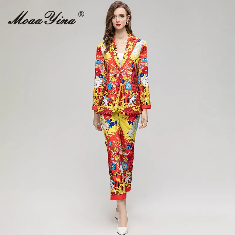 

MoaaYina, летний модный дизайнерский винтажный комплект со штанами с принтом, Женский приталенный костюм с длинными рукавами, пальто + прямые брюки с карманами, комплект из 2 предметов