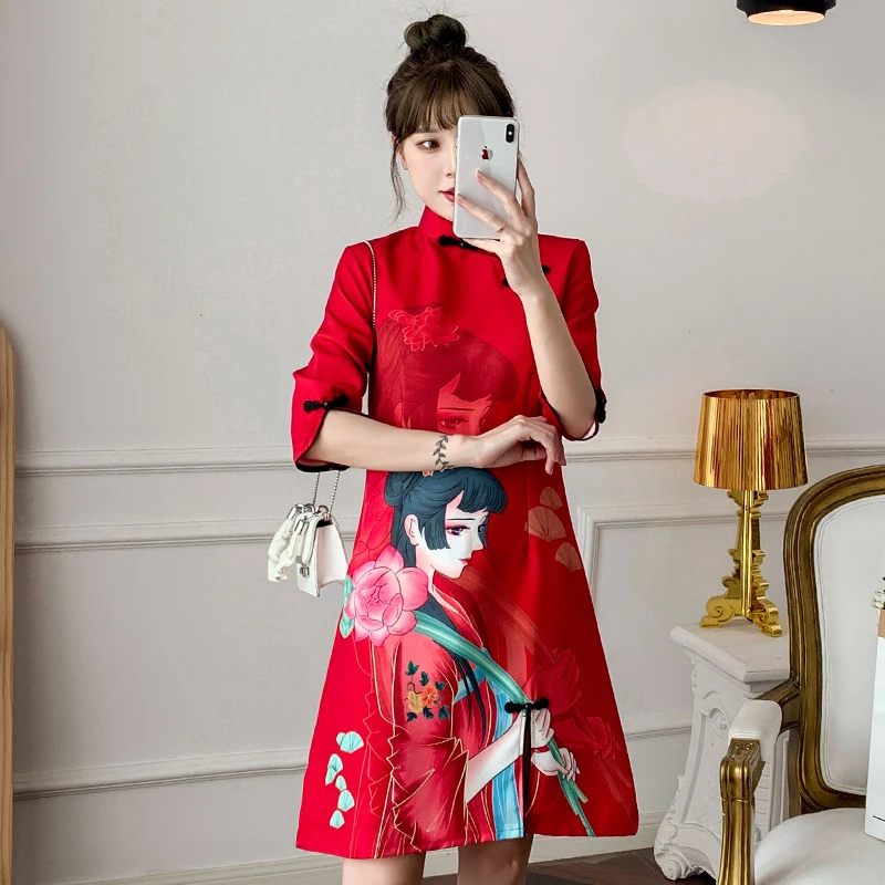 

Summer Casual Red Elegant Party Carnival Fashion Girl Print Improved Cheongsam Dress Women Qipao Traditional Chinese Clothes