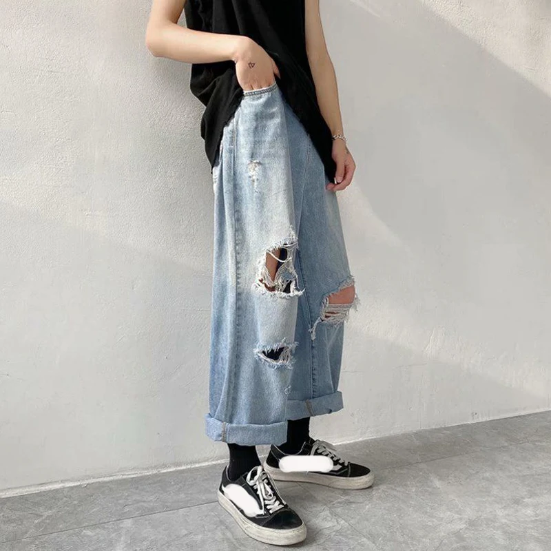 Men Jeans Wide leg Straight Oversize 3XL Y2K Man Hole Ripped Jeans Streetwear Denim Trousers Mens Loose Casual Harajuku Pants