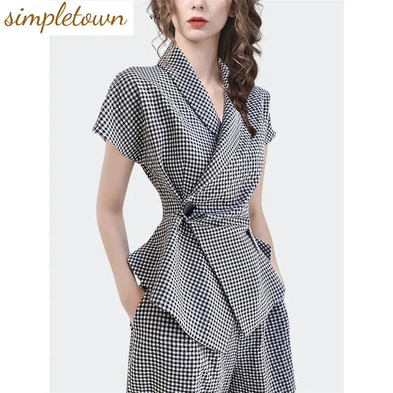 Checkered Panel Side Button Short Sleeved Jacket Blazer Casual Wide Leg Pants Two-piece Elegant Women's Pants Set Summer Office