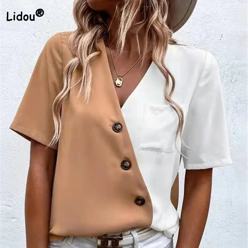 

Женский Повседневный Топ с V-образным вырезом, свободные футболки контрастных цветов с пуговицами и карманами в стиле пэчворк, шифоновый пу...