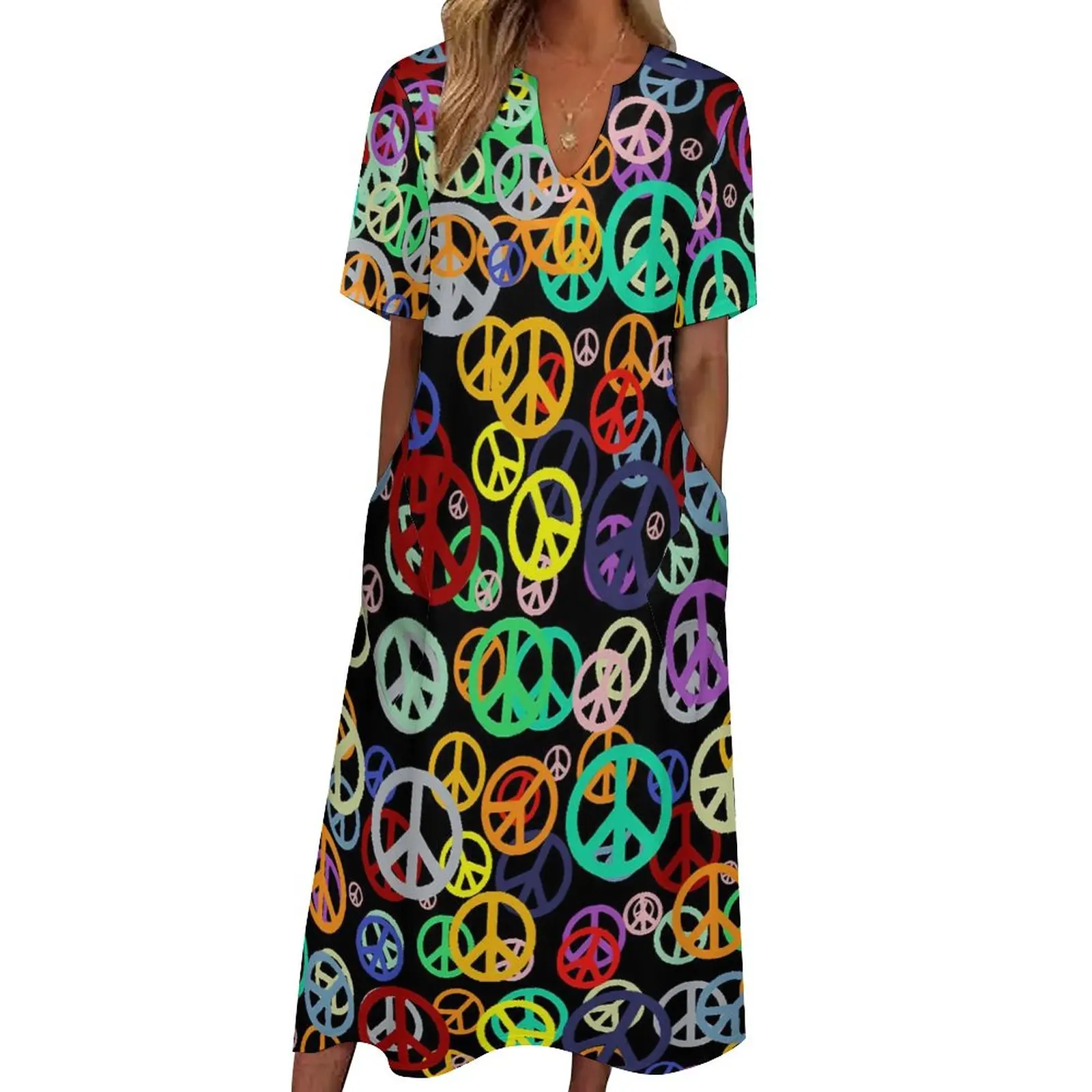 

Colorful Peace Dress Retro Symbol Print Party Maxi Dress Street Wear Bohemia Long Dresses Summer V Neck Design Clothing Big Size