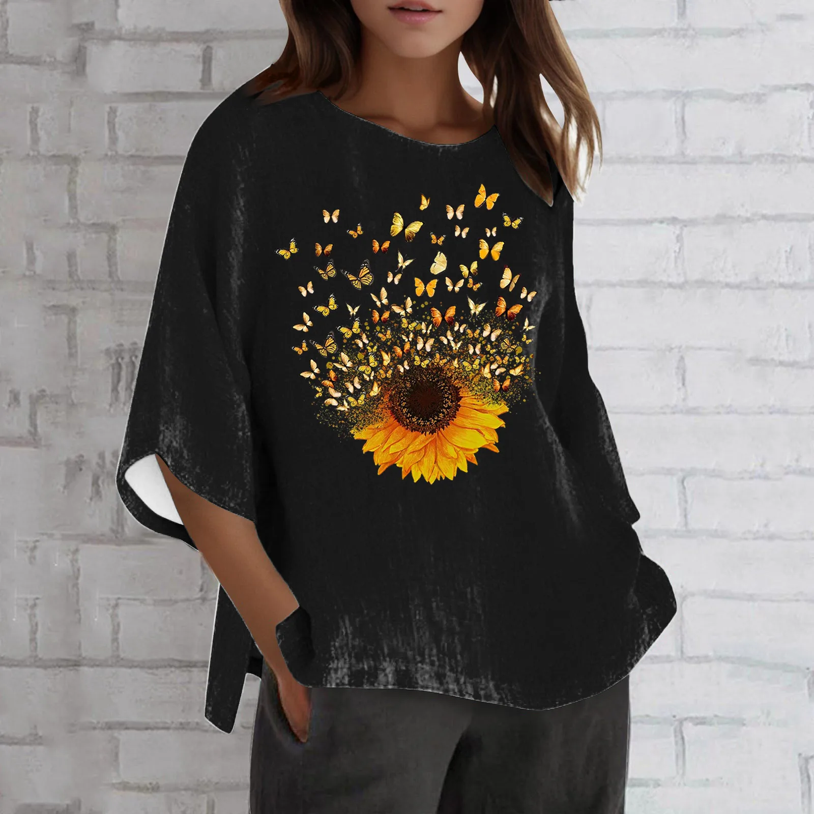 

Women Print Casual Three Quarter Sleeve Round Neck Tops Loose Tunic T Shirt Blouse Women Shirts Short Sleeve T Shirt