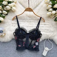 Chic Spaghetti Strap Tank Floral Embroidery Camisole Built In Bra Mesh Women Tops 2022 Summer New Sexy Black Bustier Top