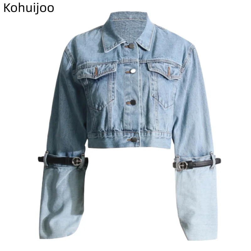 

Осенняя ВИНТАЖНАЯ ДЖИНСОВАЯ верхняя одежда Kohuijoo 2023, Женская Повседневная модная короткая джинсовая куртка, женское дизайнерское пальто с отложным воротником и поясом