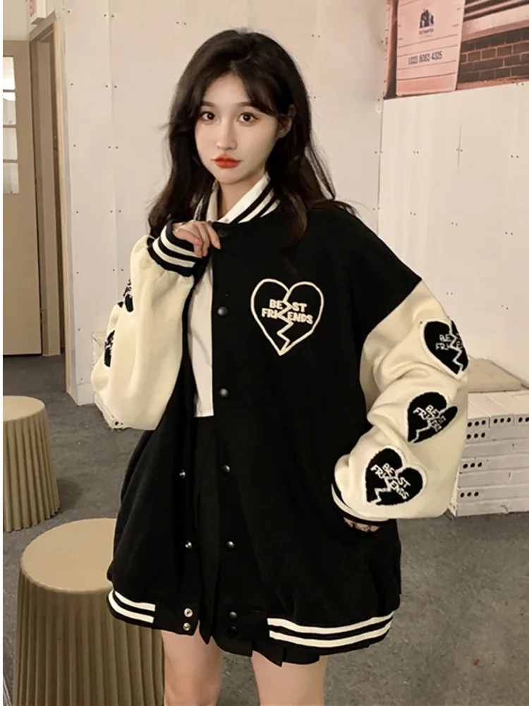 

Contrast Stitched Baseball Oversized Jacket Women Women's Retro Autumn Winter 2022 New Thicken Loose Long Sleeved Jacket