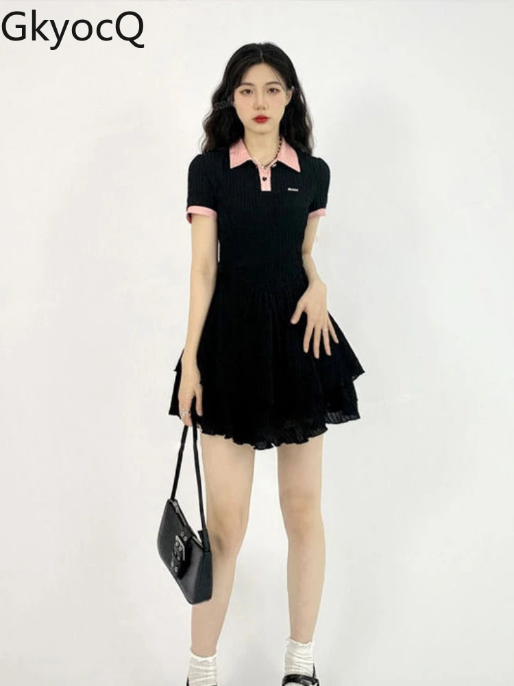 

GkyocQ Polo Collar Dresses Women 2022 Summer New Korean Fashion Waist Patchwork Aesthetic Slimming Temperament Long Bodycon