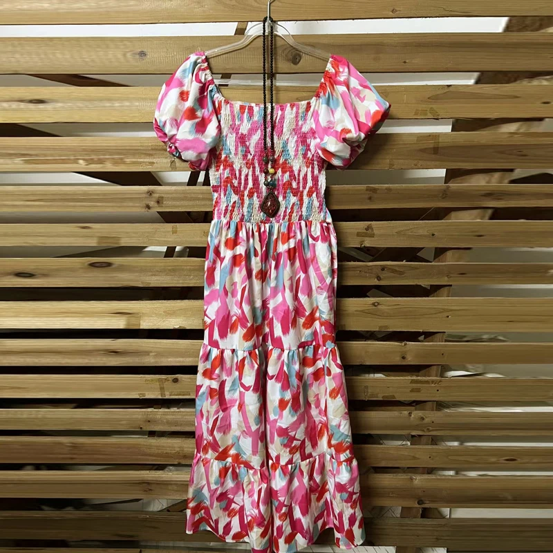 

Летнее элегантное женское платье с графическим принтом, модное длинное платье с квадратным вырезом и пышными короткими рукавами, повседневное Плиссированное пляжное платье