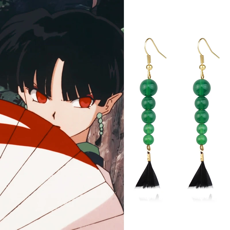 

Fashion Popular Anime Inuyasha Kagura Earrings Tassel Green Beads Inuyasha Cosplay Jewelry Earrings Wholesale Gift