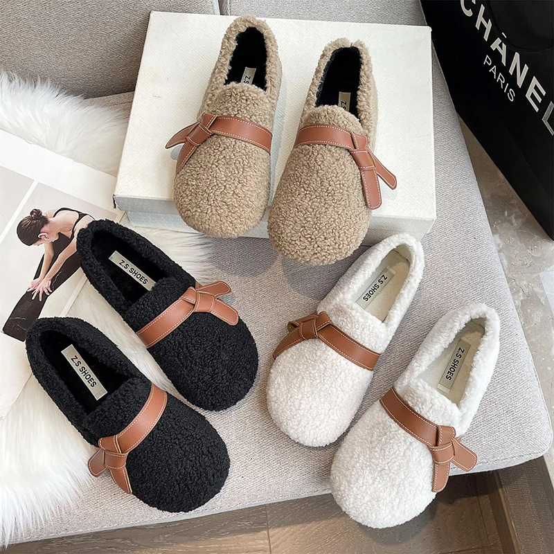 Plush Cotton Shoes 2022 New Fashion Women's Shoes Lamb Wool Plus Velvet Thick Bottom Bow Two Wear Women's Slippers