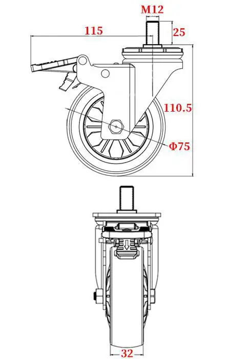 1 шт. 3-дюймовый винт M10/M12/M14/M16/M20 универсальное колесо с тормозным резиновым валом роликовый шкив Бесшумная машина с одной нагрузкой 110 кг