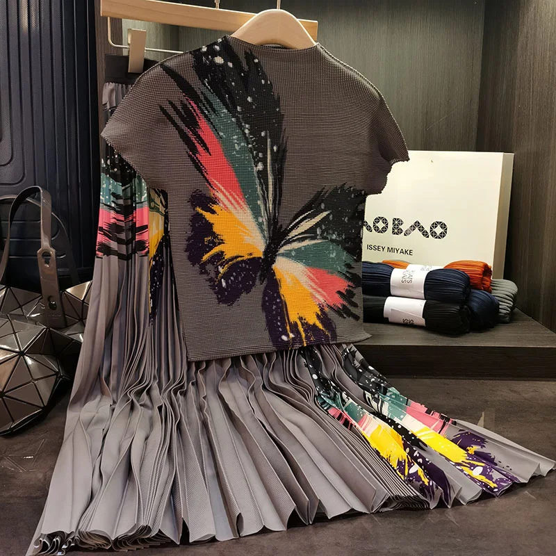 

Vintage Elegant Floral Print Stretchy Pullovers Top + Pleated Midi Long Skirts Suit Women Casual Streetwear 2 Pcs Sets Outfits