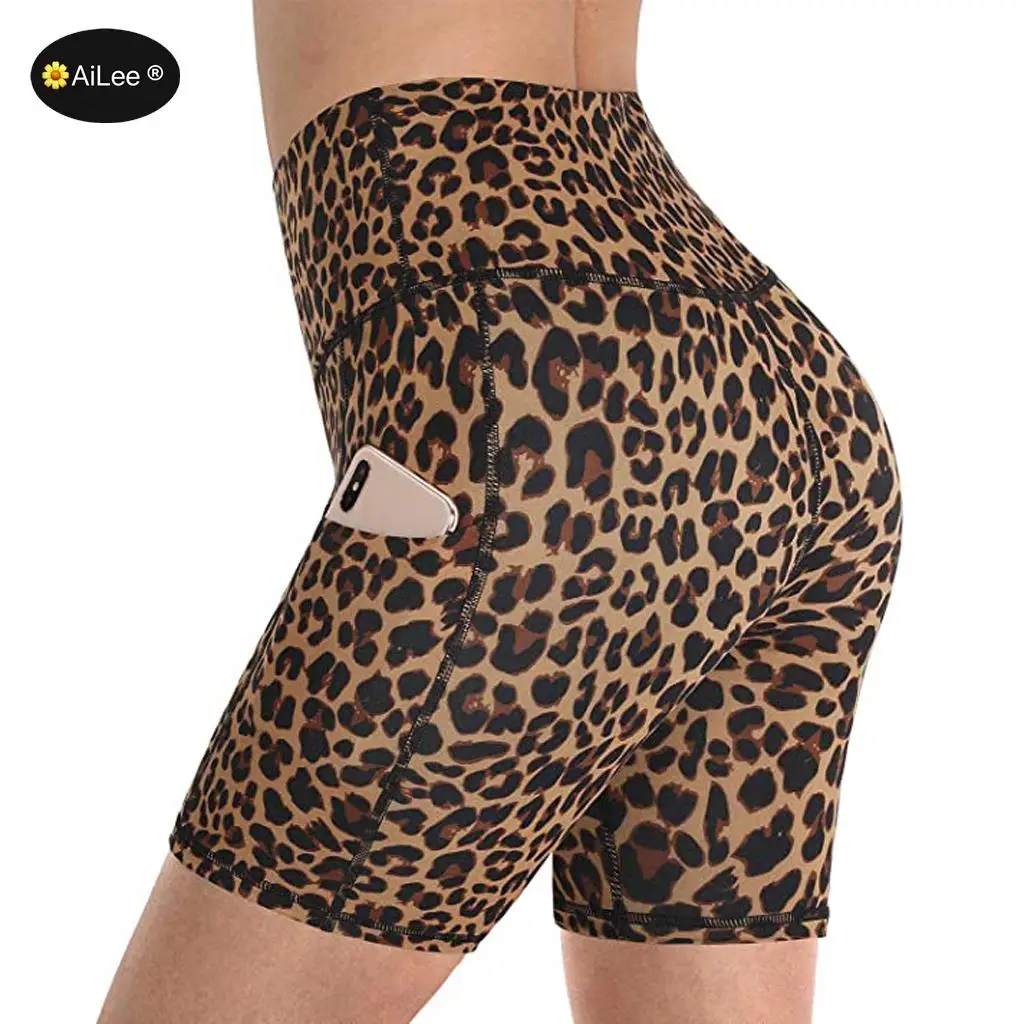 Punk Bike Motor Half Long Basic Shorts Plus Size Leopard Print Summer Shorts Workout  Slim Tight Activewear Elastic Waist Shorts