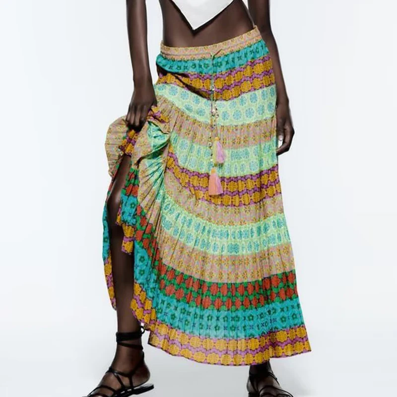 

Женская длинная юбка с каскадным принтом, винтажная юбка с высокой талией и эластичным поясом на шнуровке, модель BB22794 на весну и лето, 2022