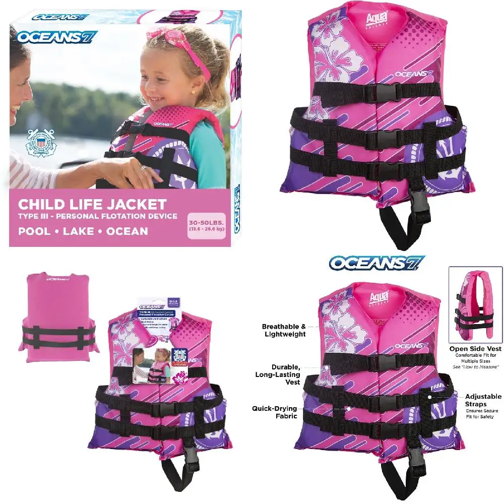 

"Easy-to-Put-On Durable 30-50 lb Kids Life Vest, Pink & Purple - Up to 90 Characters"