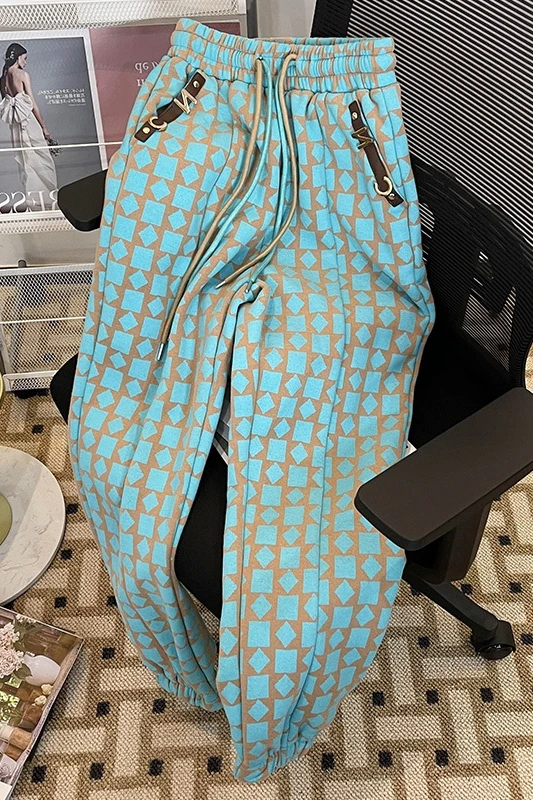 Женские винтажные брюки зеленые клетчатые леггинсы свободные спортивные в стиле