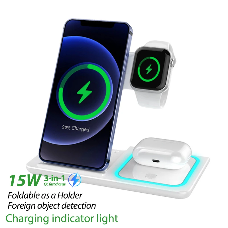 

Remax Join Us RP-W53 Phone watch Bluetooth earbuds Fast Qi Certified 15W Foldable Magnetic 3 In 1 Wireless Charger Station