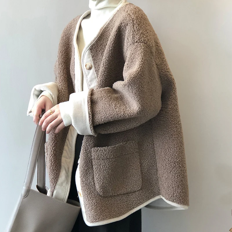 

Новинка зимы 2022, женская куртка из овечьей шерсти в стиле ретро, теплые свободные повседневные женские модные топы, флисовая одежда, трендов...