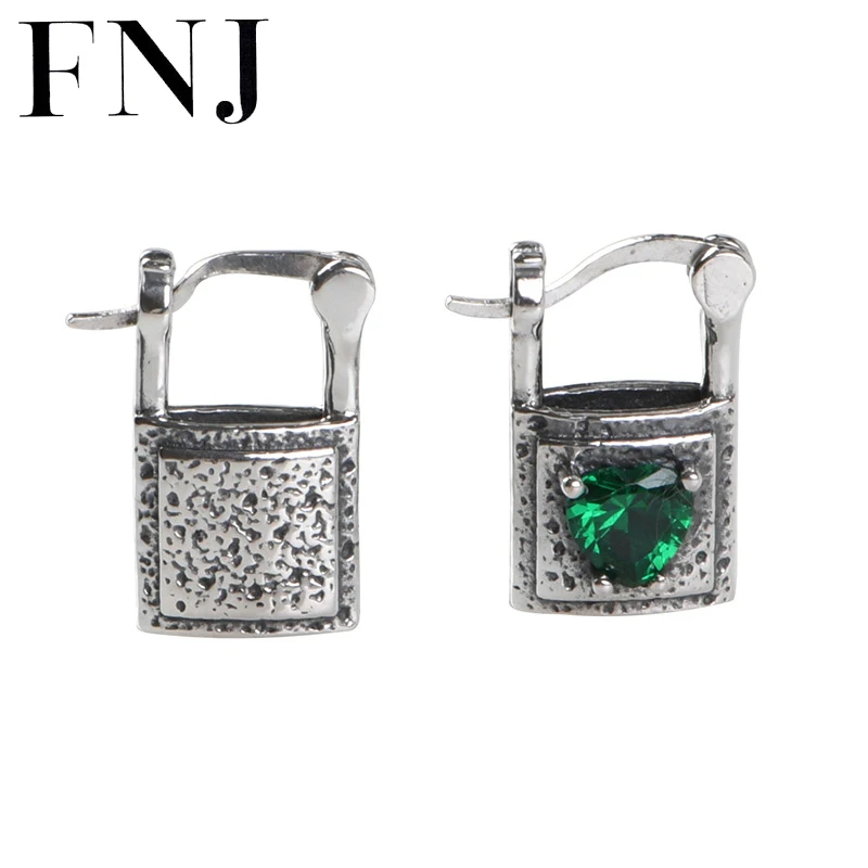 

FNJ Lock Hoop Earrings 925 Silver Original Pure S925 Sterling Silver Earring for Women Jewelry Green Zircon