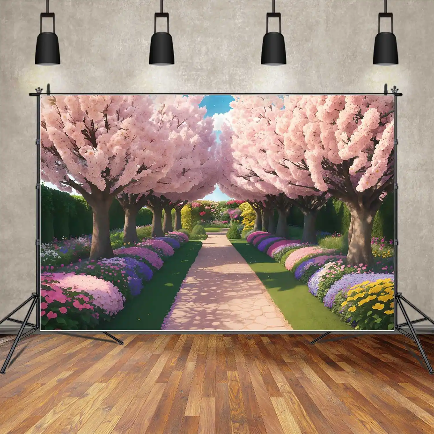 

Spring Pink Blossom Road Backdrops Photography Decor Garden Park Floral Flowers Custom Baby Photobooth Photographic Backgrounds