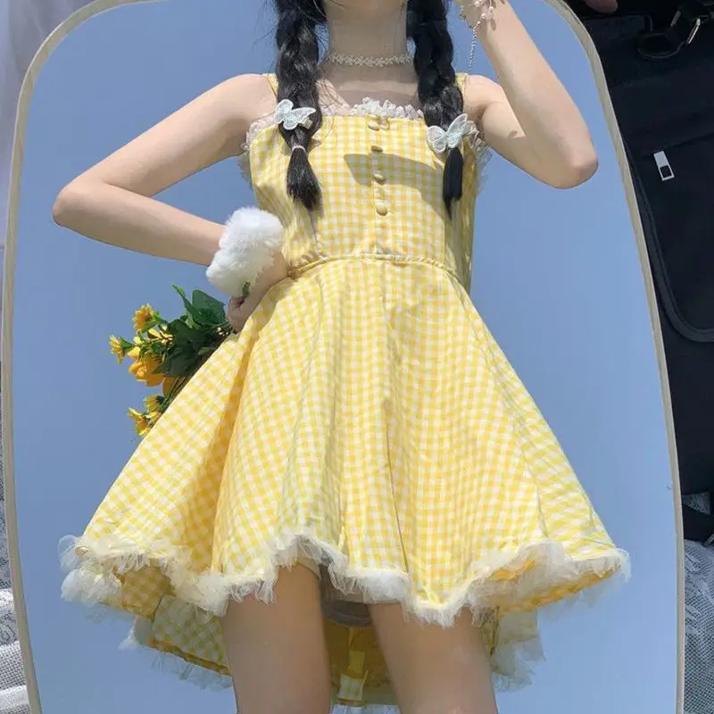 

Yellow Plaid Skirt Summer Japanese Sweet and Cute Mesh Lace High Waist Suspender Dress Loli Kawaii Dress