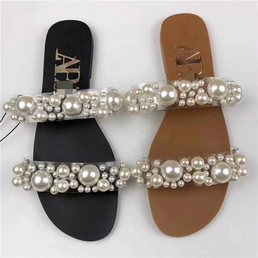 

114959 Za Women's Slippers Summer 2022 New Simple Transparent PVC Pearl Inlaid Flat Shoes Wearing Sandals Outside Customized For