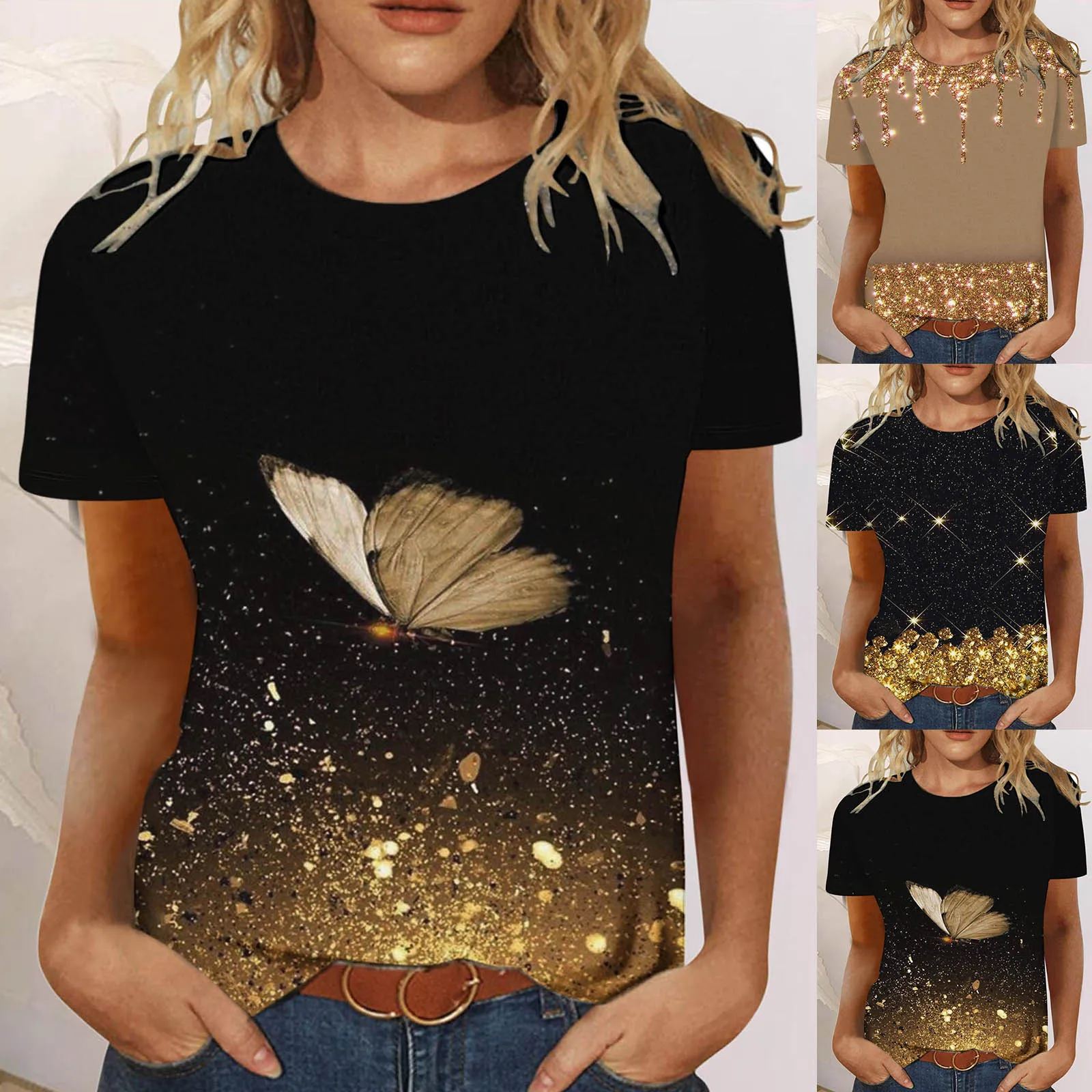 

Повседневная футболка для женщин, модные рубашки с цветочным принтом, круглый вырез, короткий рукав, топ для леггинсов, Женские флисовые Топ...