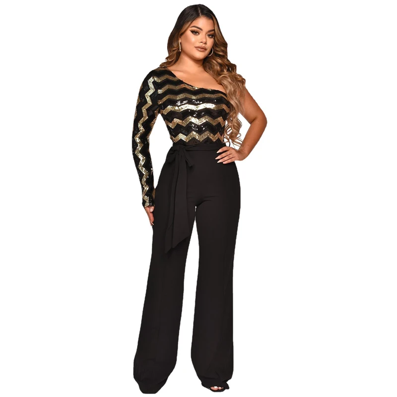 

Sequin Splice Jumpsuit Women One Shoulder High Waist Playsuit Rompers 2022 Spring Fashion New Elegant Office Lady Jumpsuit Black