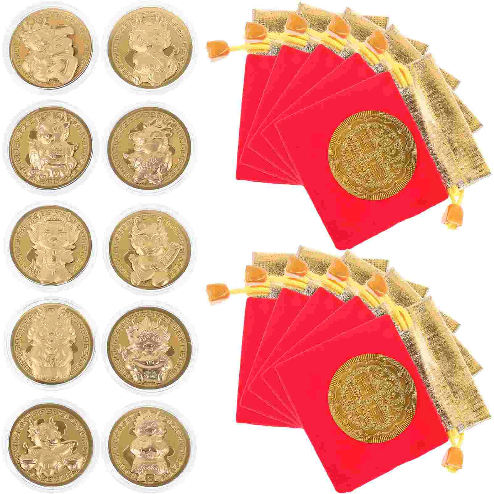 

10 наборов декоративных монет «Год Дракона», Юбилейные Монеты 2024 дракона с мешками