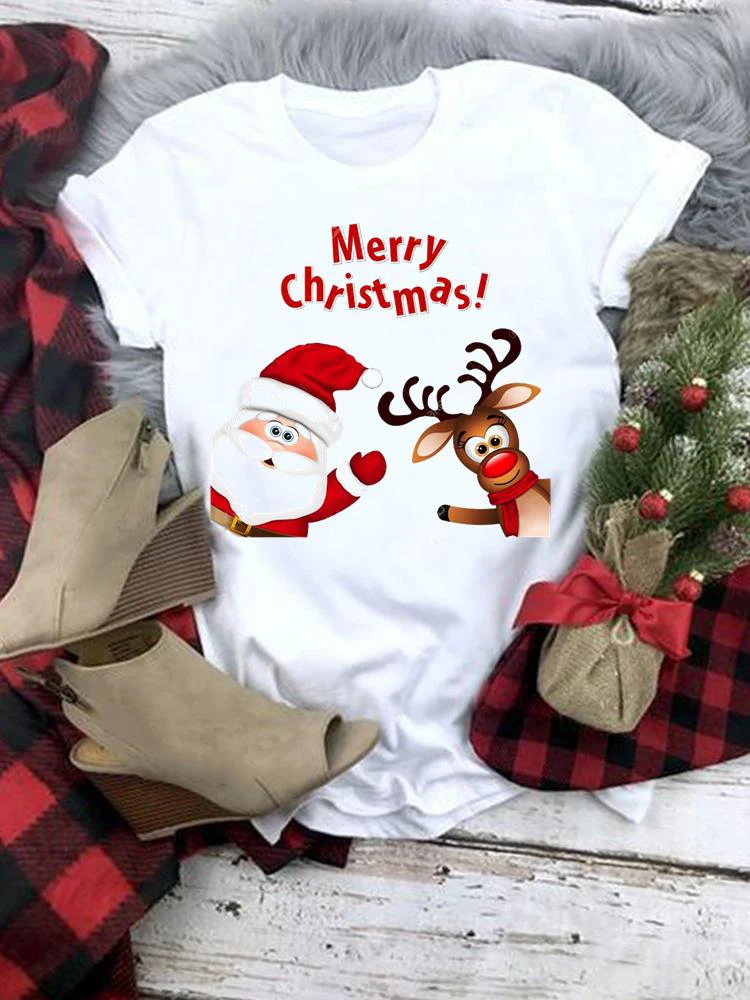 

Santa Clause Trend Clothing T Merry Christmas Print Short Sleeve Graphic Tee New Year Women Fashion Female Casual T-shirts
