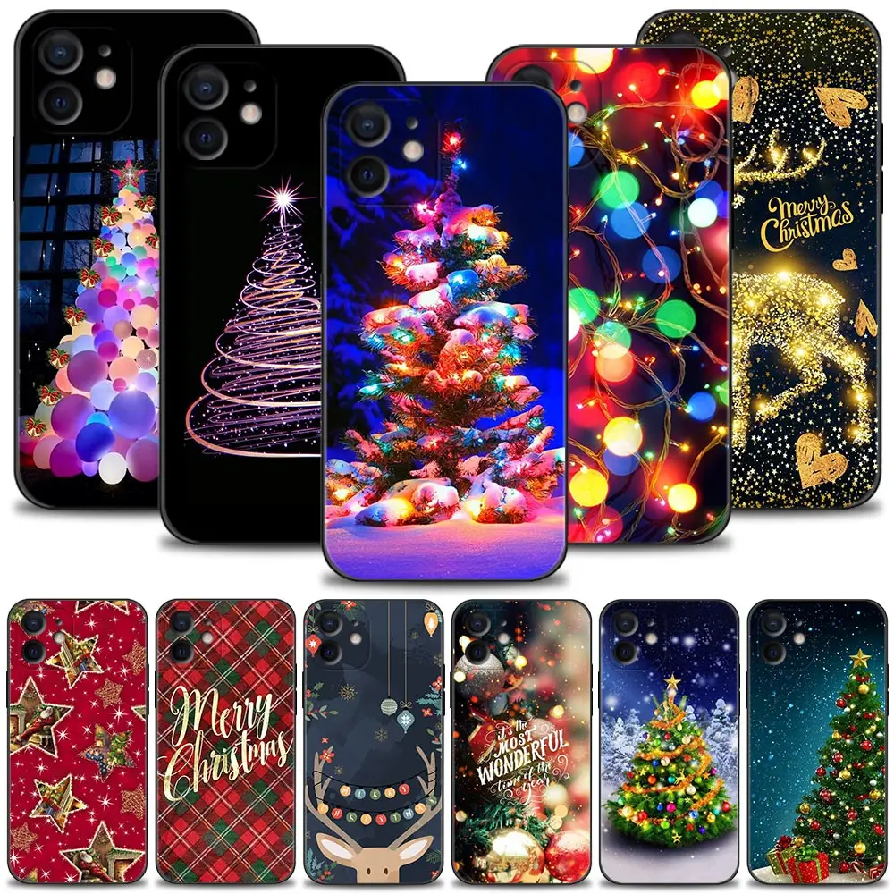 

Phone Case For iPhone 14 13 12 11 Pro Max 13mini 11 12 Mini XS XR X 8 7 Plus Black Cover Silicone Shell Merry Christmas Tree Elk