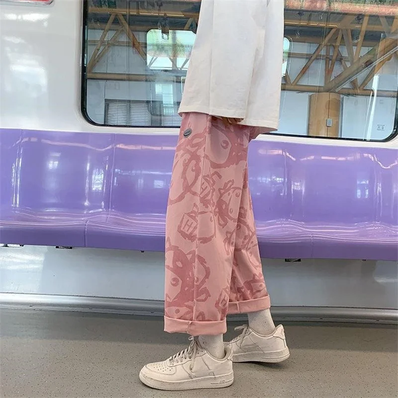 

Casual Pants Women Casual Wide Leg Straight Pants Spring Summer High Waist Loose Oversized Trouser Cartoon Print Design Pant 5XL