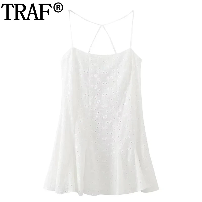 

TRAF Cutout Embroidery White Dress Woman Sleeveless Slip Mini Dress Ruffle Backless Sexy Short Dresses Women Summer Party Dress