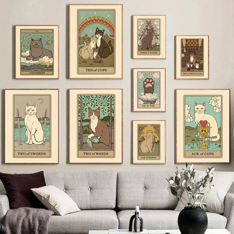 

Винтажные постеры Tarot, милый Кинг, кот, луна, две палочки, Картина на холсте, настенные принты, картины для гостиной, бара, Современный домашни...