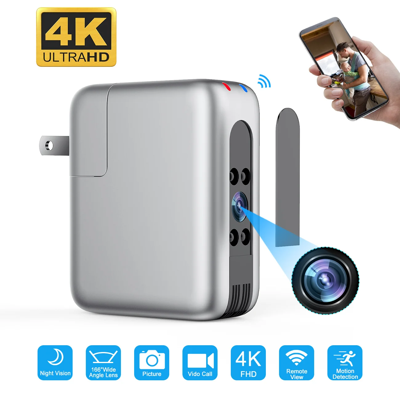 

4K Mini Camera Wireless WiFi USB Charger Micro Camera Security Cam IP Hotspot Night Vision Motion Detect Small Cam Espia