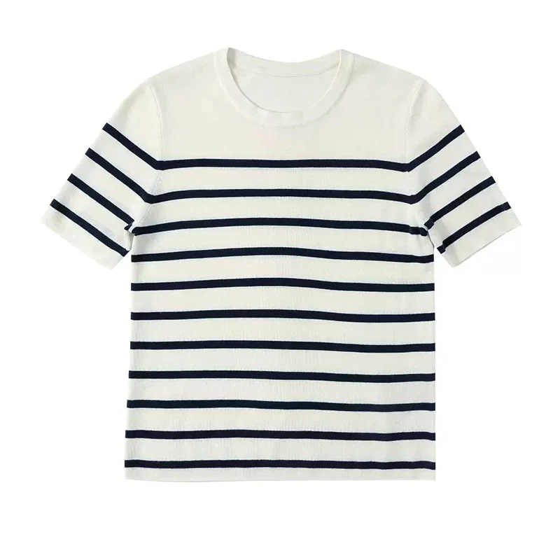 Элегантный свитер BirdTree из 30% натурального шелка и 70% шерсти женский полосатый с